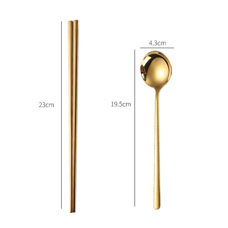 Korean 304 Stainless Steel Long Handle Chopsticks Round Head Spoon Solid Color Cutlery Set Home Tableware Kitchen Utensils