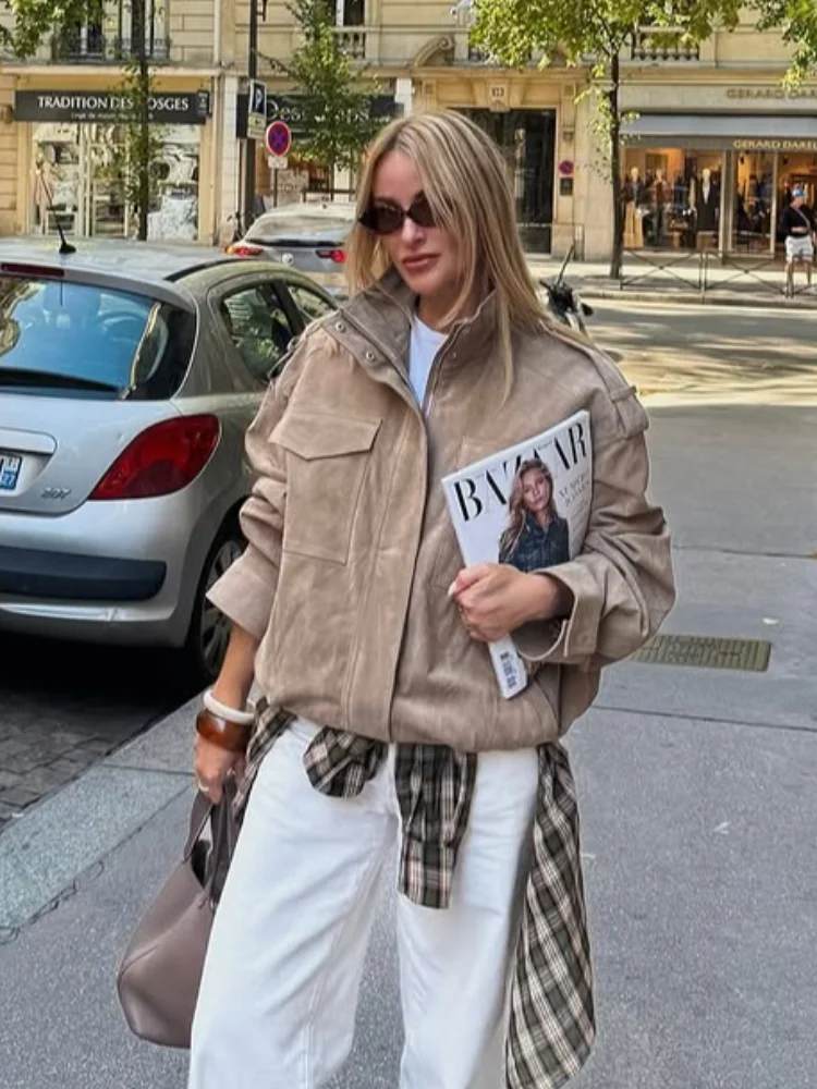Women Loose Suede Jacket Fashion Long Sleeve Pockets Zipper Oversized Bomber Jacket 2025 Autumn Winter Lady High Street Outwear 1