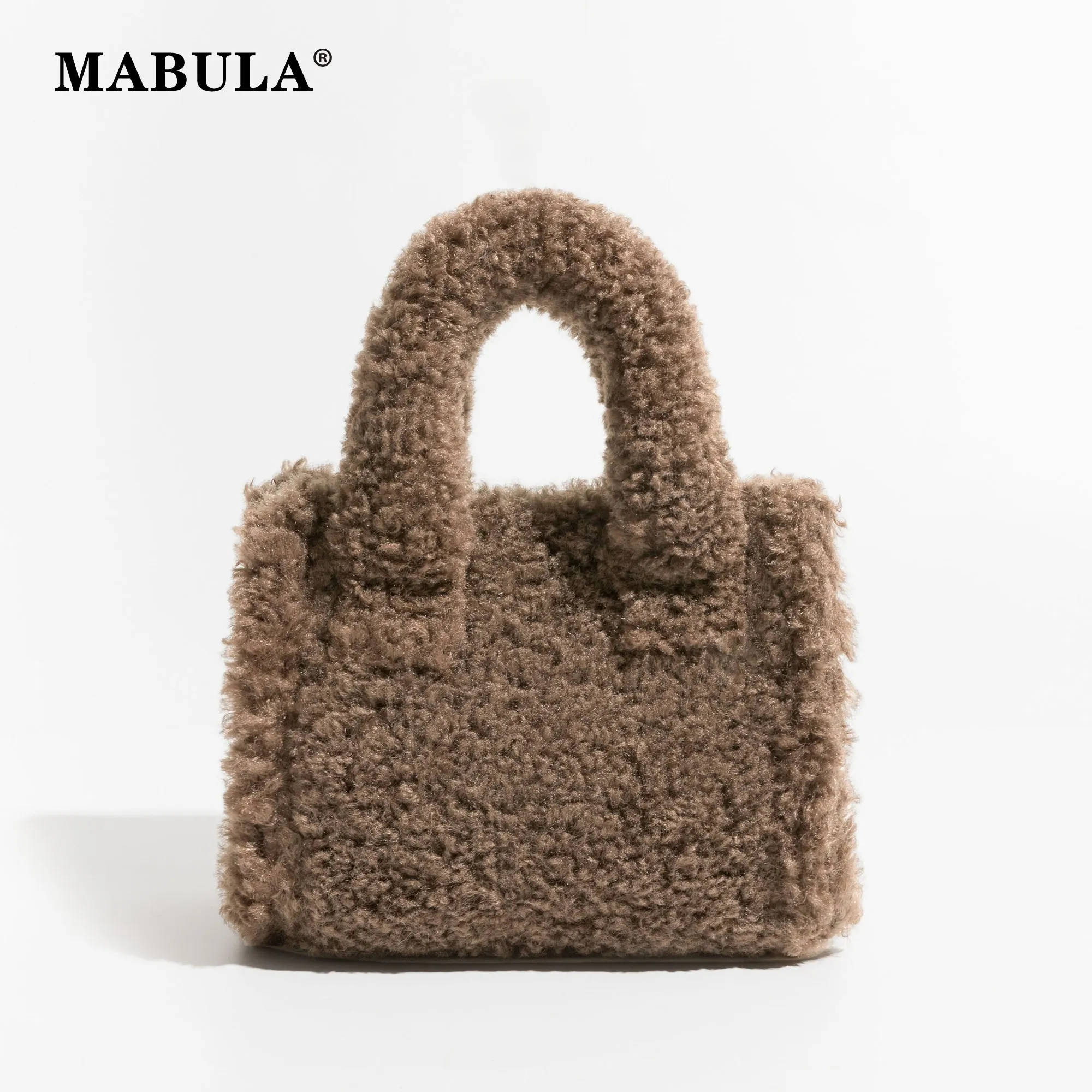 

Маленькая квадратная сумка-тоут MABULA из искусственного меха, зимняя милая сумка через плечо из ягненка и ткани, модная простая сумка для покупок через плечо