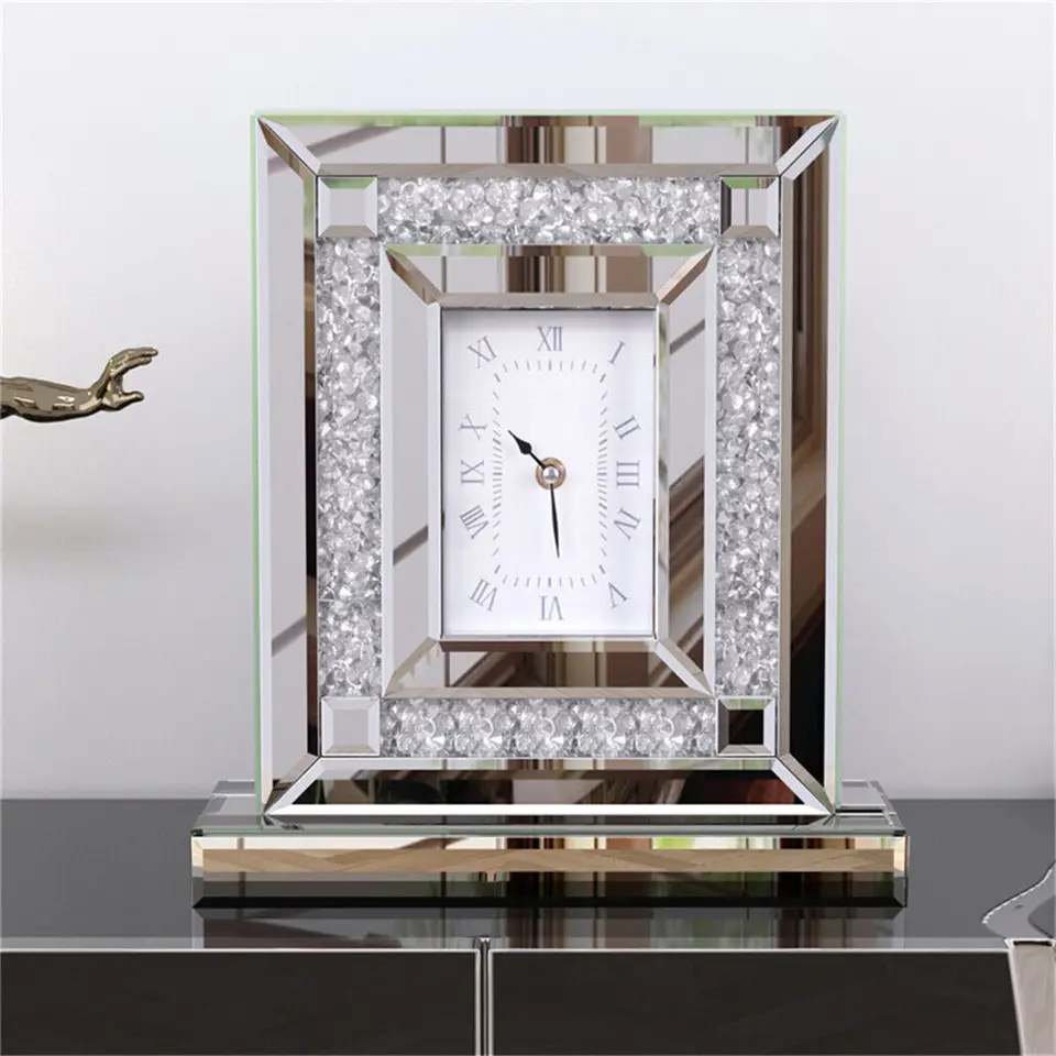 Silver Crushed Diamond Desk Clock for Home Decor