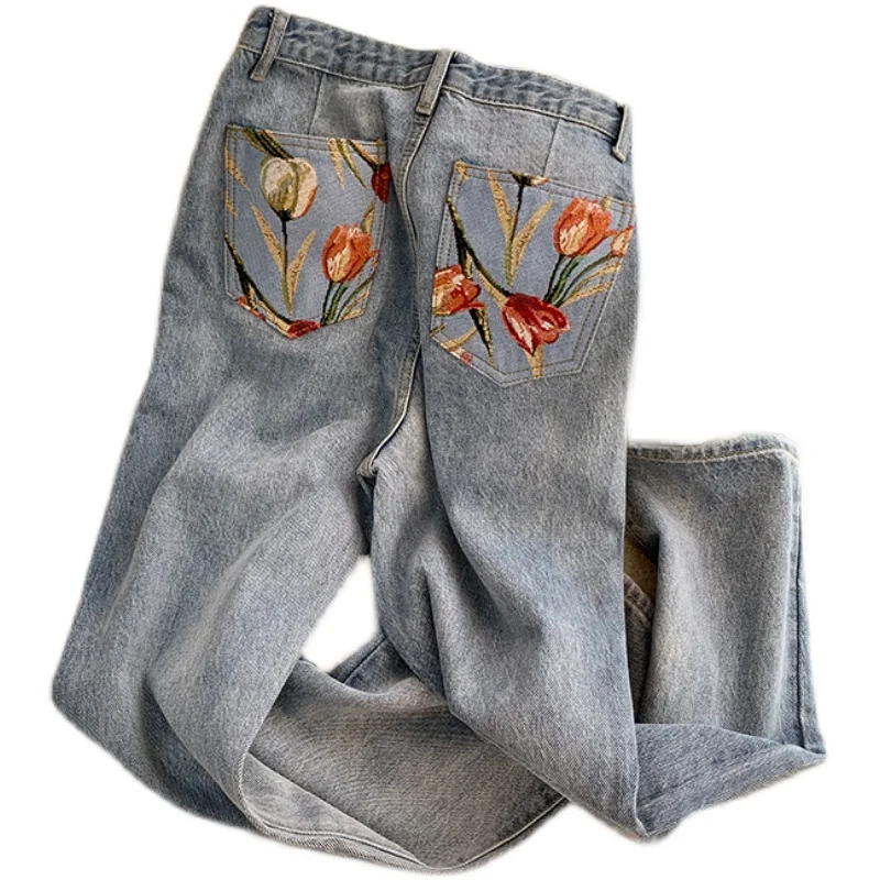 Light Colored Printed Straight Leg Jeans for Women\'s New Niche Korean Version Versatile Loose Fitting Wide Leg Pants