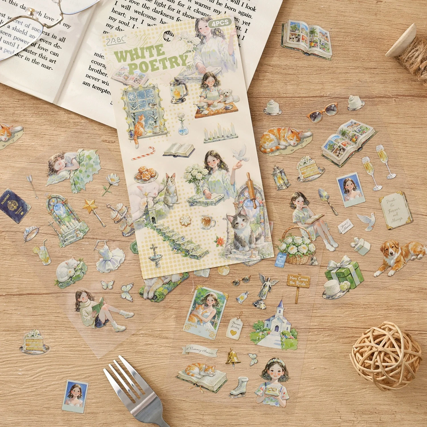 4개입 빈티지 캐릭터 & 고양이 테마 DIY 저널 콜라주 베이스 장식 스티커 (스크랩북킹, 다이어리, 플래너용)