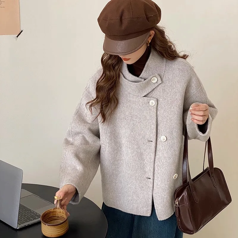 Fashion Commuter Style Solid Color Long Sleeve Stand Collar Women's Coat 2023 Autumn Winter Korean Single Breasted Woolen Coat