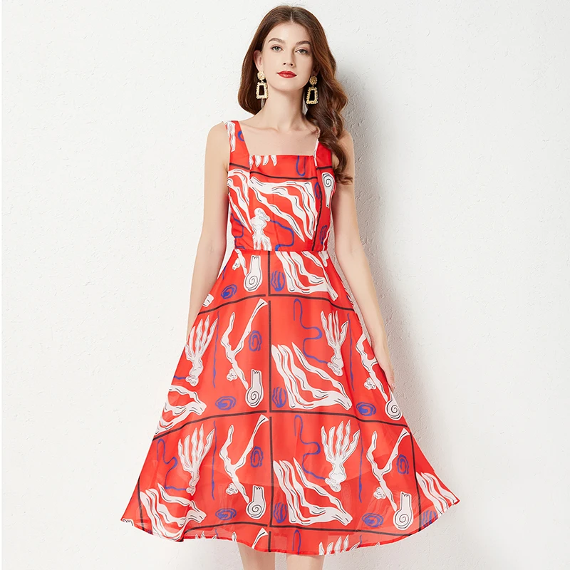 

2022 Runway Designer Dancing Villain Printed Silk Cotton Dress Summer Women's Sexy Backless Strappy Big Swing Dress