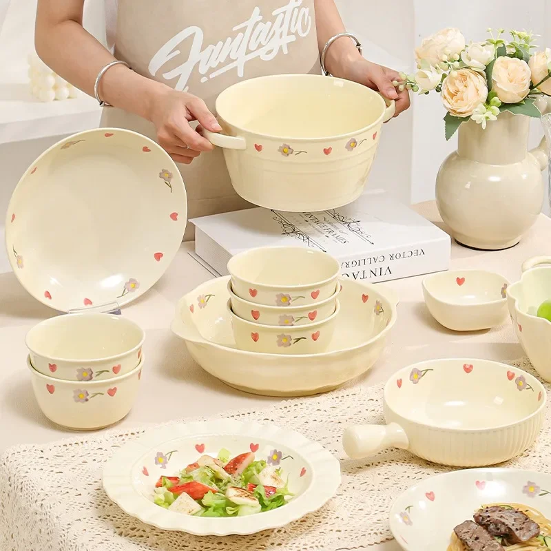 Underglaze Colored Milk Oil Wind Bowl and Dish Set, High Beauty