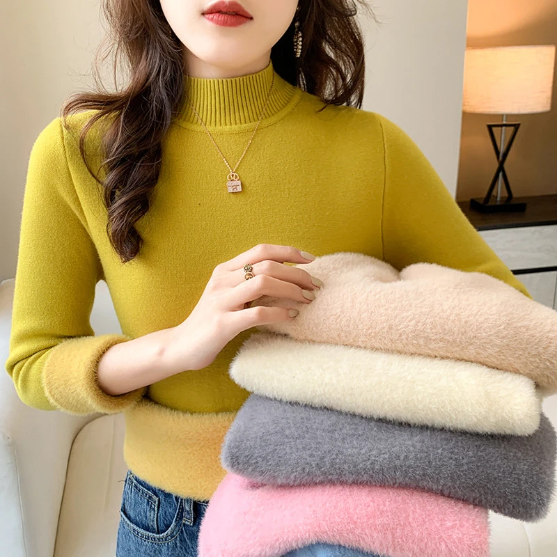 The fairy Autumn Winter Women Knitted Sweaters Pullovers Turtleneck Long Sleeve Solid Color Slim Elastic Short Sweater Women 