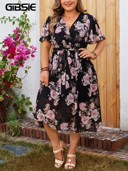 GIBSIE Plus Size Surplice Neck Butterfly Sleeve Belted Dress Women Holiday Floral Print A-line Boho Summer Long Dresses 2024 New 1