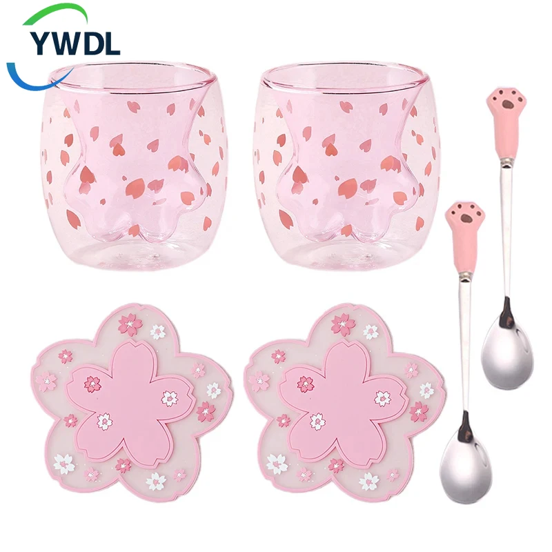 Ywdl Tazza Da Caffè In Vetro A Doppia Parete Cartoon Cute Cat Milk Juice Cup Home Office Cat Claw/Paw Cup For Girl Gift