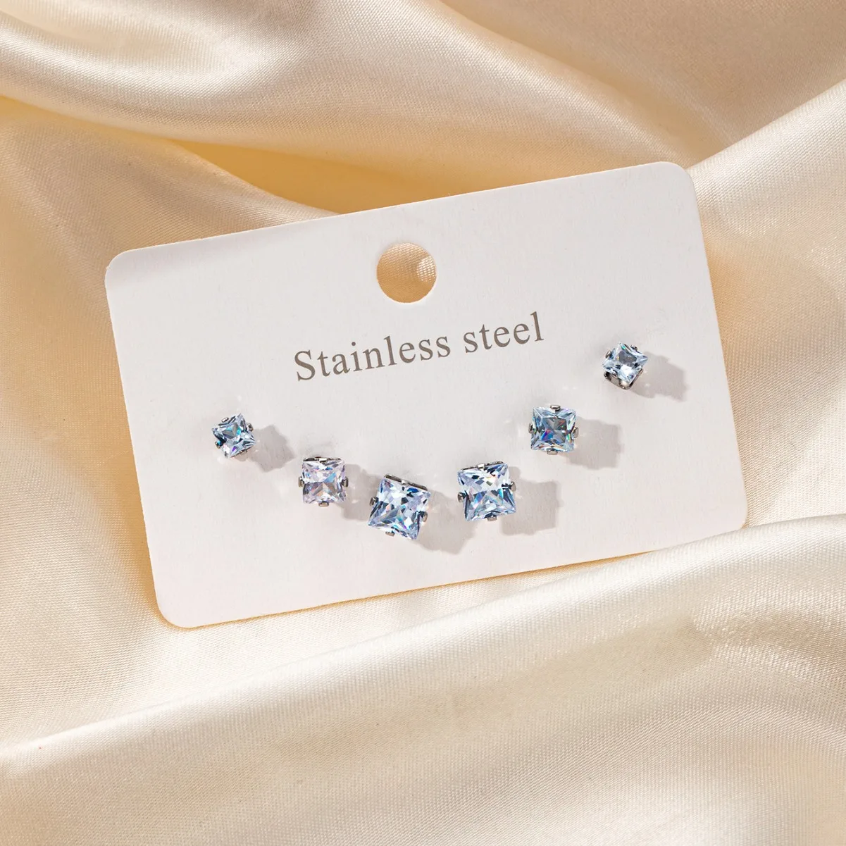Classic 3 Pairs Square Round Cubic Zircon Stud Earrings Set Crystal Jewelry 2