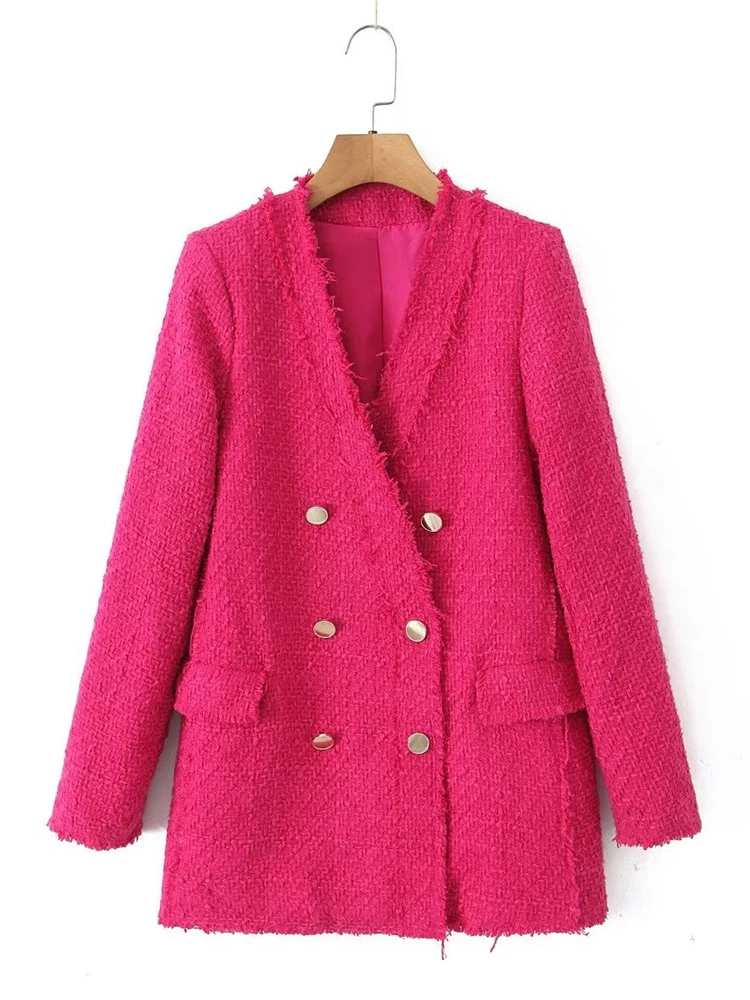 

Женский шерстяной пиджак, повседневный однотонный пиджак с длинным рукавом, модный двубортный красный Длинный блейзер для девушек, Осень-зима 2024