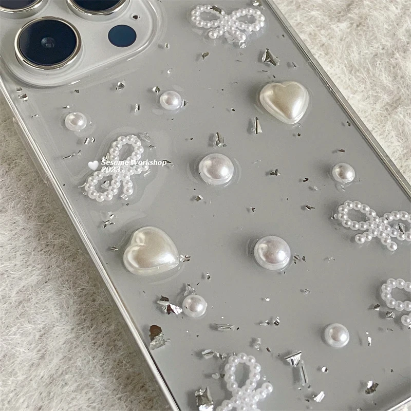 3D чехол из серебристой фольги с жемчужным бантом для телефона iPhone 15 14 13 12 11 Pro Max MiNi XS Max XR X 7 8 Plus, милый прозрачный мягкий силиконовый чехол