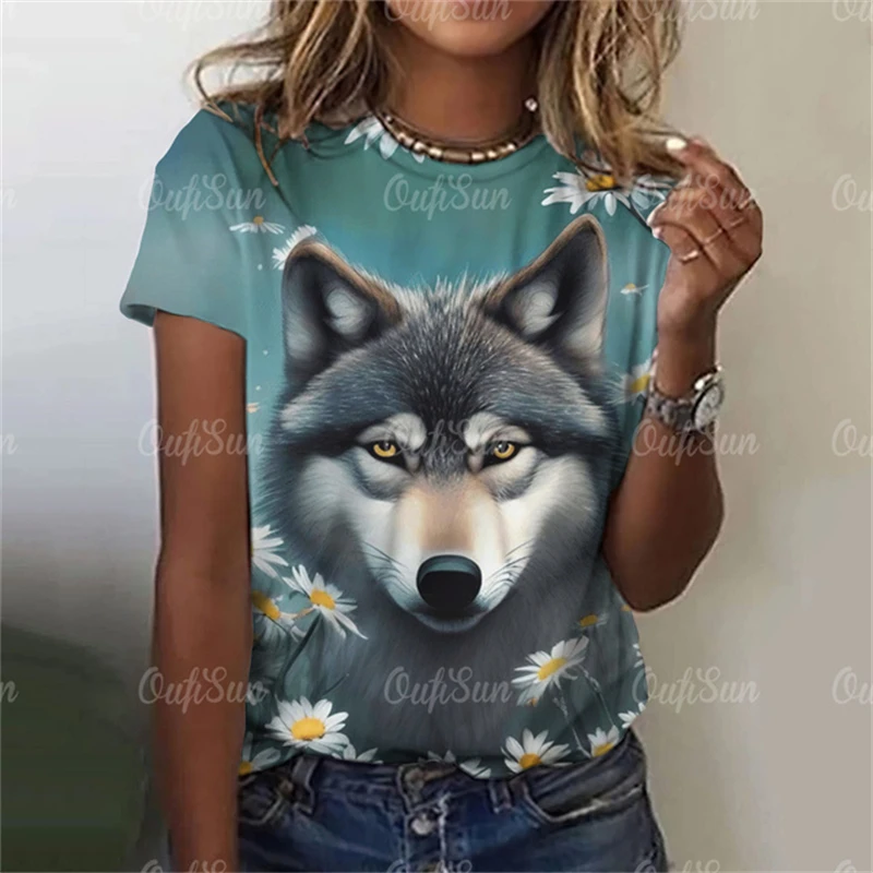 

New T-shirt For Women Wolf Print Tees O Neck Loose Short Sleeve Blouse Female Fashion Animal Graphic Tops Harajuku Streetwear