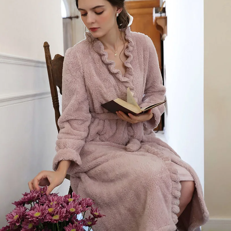 

852 Winter Long Warm Women Coral Fleece Flannel Thermal Bathrobe Thicken Cute Nightwear Sleepwear Bath Robe Dressing Gown