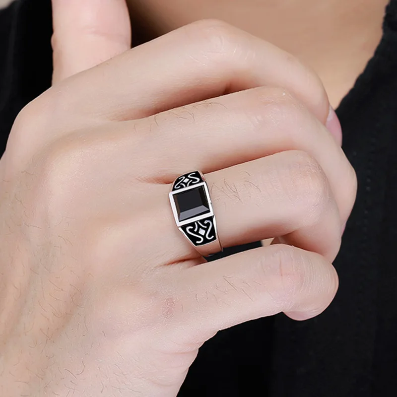 Trendy Men Ring Jewelry Adjustable Finger Accessorie Male Silver Plated Ring Fashion Flower Rectangle Crystal 2