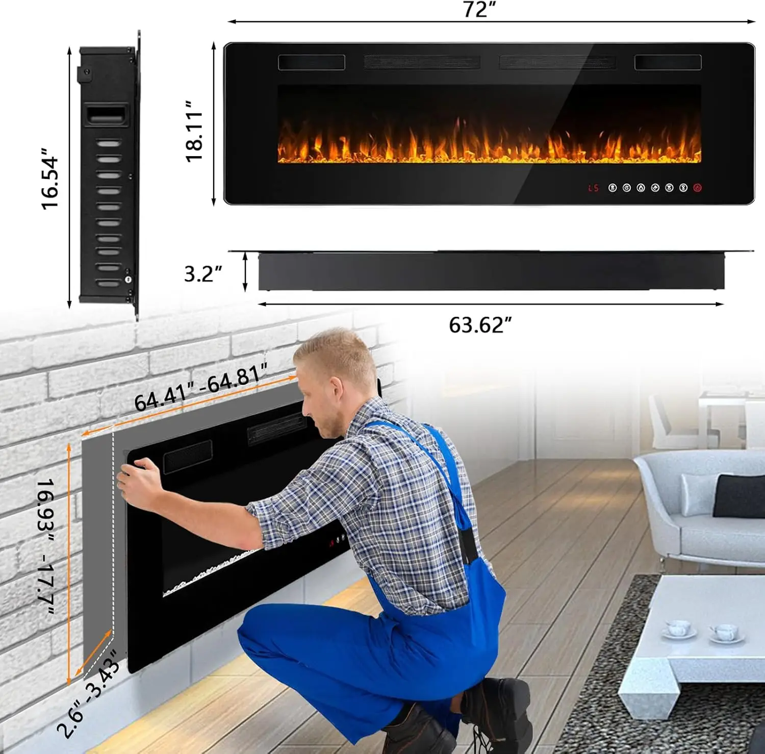 72 inch Ultra-Thin Silence Linear Electric Fireplace, Recessed Wall Mounted Fireplace,12 Adjustable Flame Color & Speed,8h Timer 6