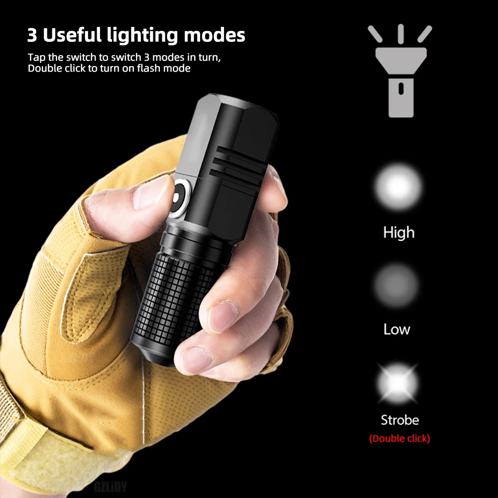 슈퍼 브라이트 미니 LED 손전등, USB 토치, 충전식 줌 낚시 랜턴, 강력한 3 가지 조명 모드, 캠핑 램프, XHP50