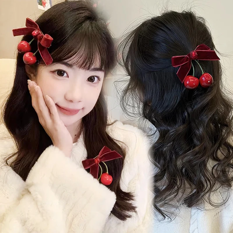 

Элегантная заколка для волос премиум-класса с красным вишневым бантом и бархатной текстурой модная универсальная заколка для волос милые крутые аксессуары для волос для девушек