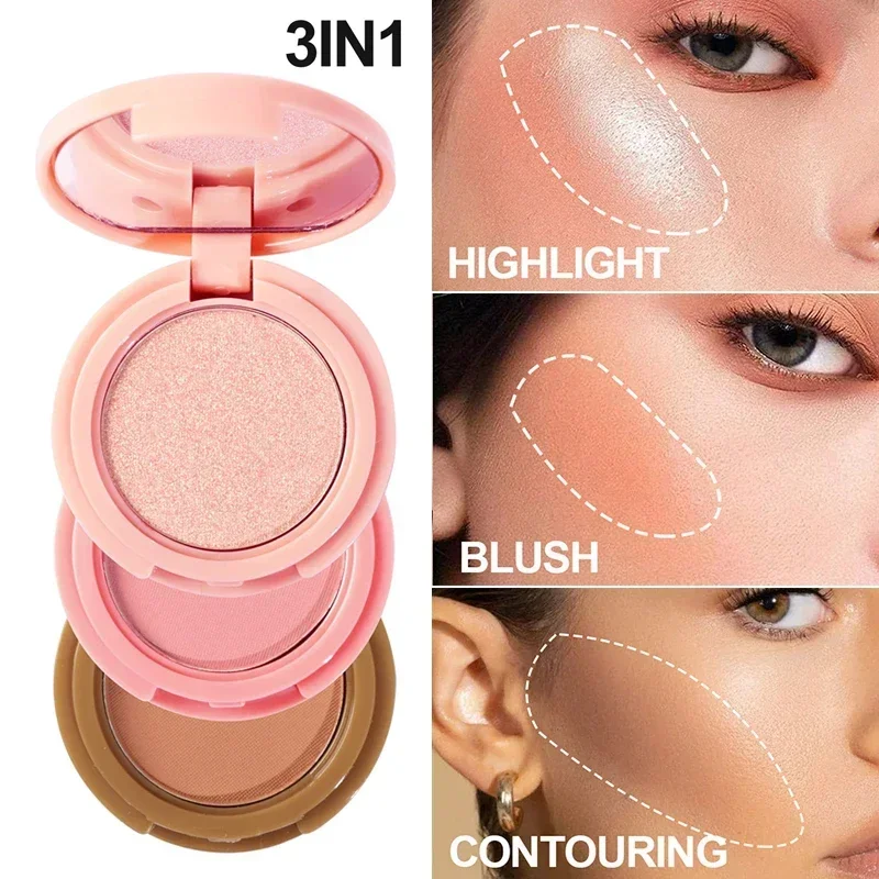 3 Colors Highlighter & Bronzer Powder Glitter Palette Makeup Glow Face  Contour Shimmer Blush Eyeshadow 3-in-1 Women Cosmetics