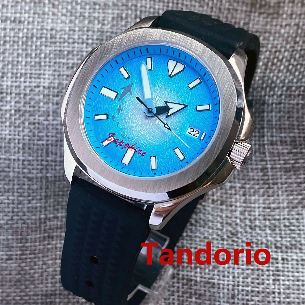 

Bliger 40mm Square Watch Blue Sterile Whale Dial Sapphire Glass NH35A Automatic Movement Glass Back Luminous Rubber Strap Date