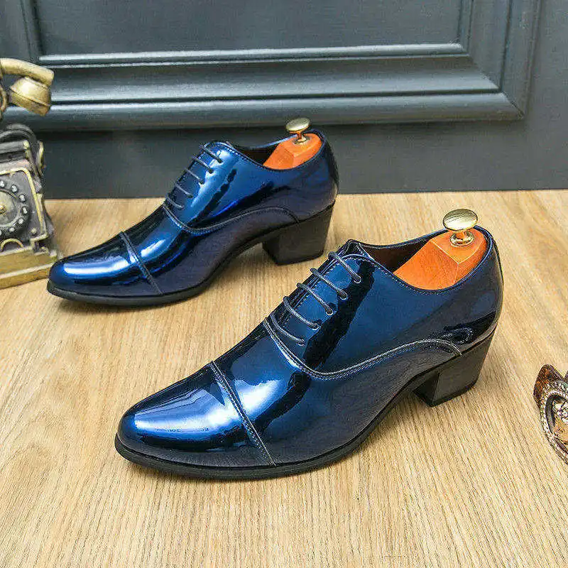 

Luxury Mirrors Mens High Heels Shoes Casual Business Social Pointed Toe Men's Dress Shoes Leather Party Elegant Blue Men's Shoes