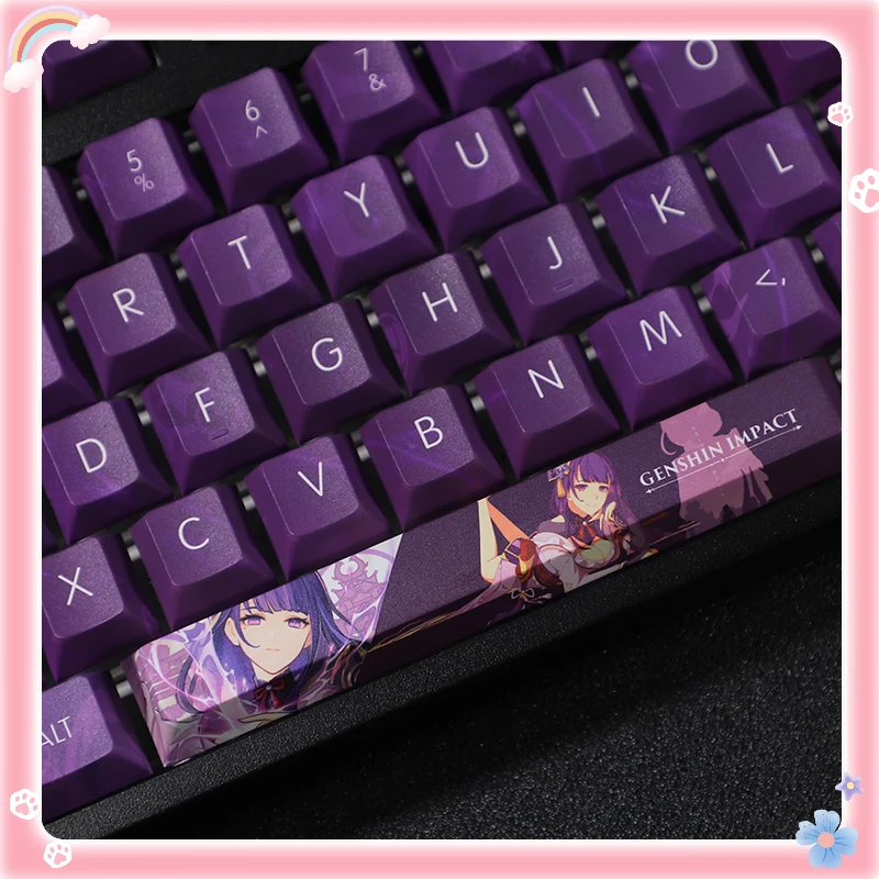 Chaves Conjunto Genshin Impacto Raiden Shogun Tema Pbt Keycaps para Teclado Mecânico Jogo Anime Japonês Design Personalizado Bonito Menina 108 - Imagem 2
