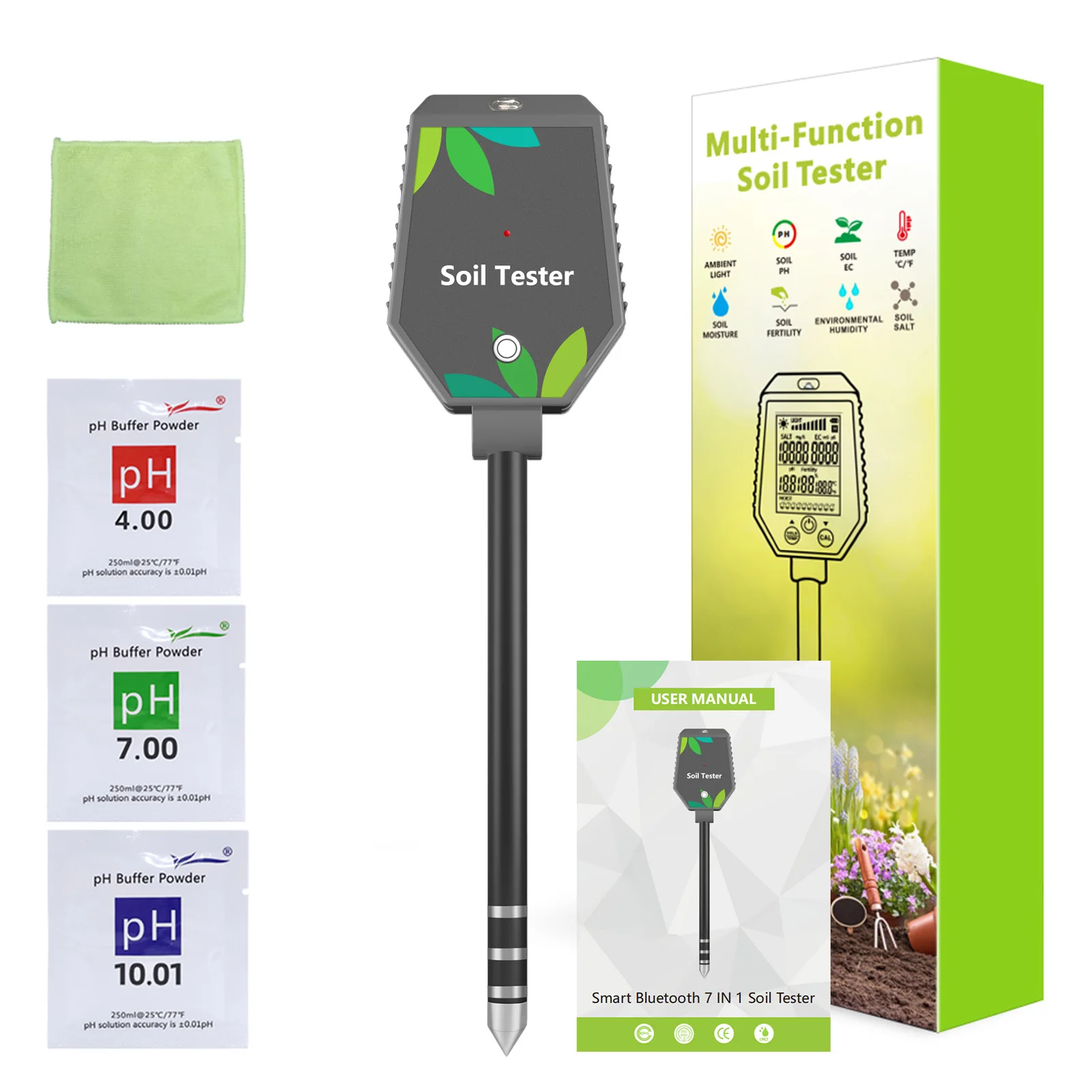 Soil Meter Digital pH Moisture Fertility Light Temp Humidity Analyzer for Garden