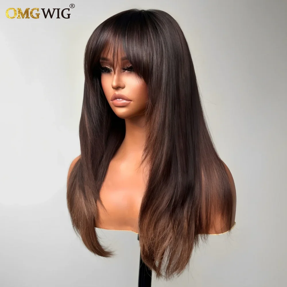 5x7/4x4 Glueless Lace Brown Highlight Color Straight Wig With Bangs 360 Lace Wear To Go Layered Cut Wig With Invisible Straps