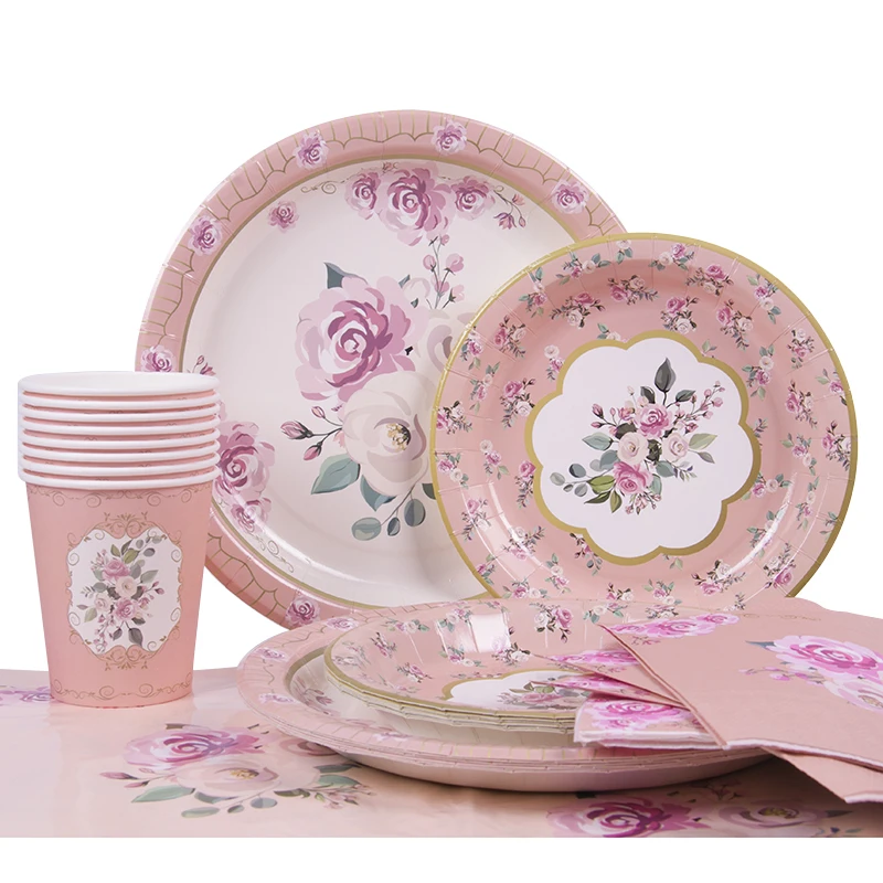 Set Piatti Di Carta Usa E Getta Vintage Floreale – Per Tè Pomeridiano, Compleanni, Matrimoni – Servizio 16 Ospiti