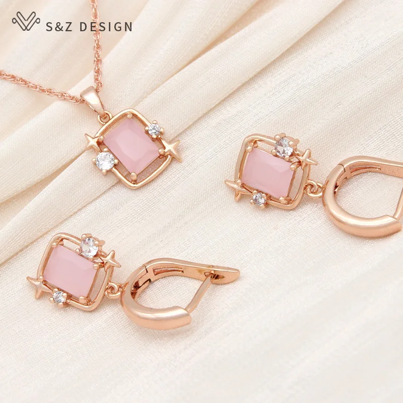 S&Z DESIGN New Fashion Rectangle Crystal Jewelry Sets 585 Rose Gold Color Drop Earrings For Women Trendy Pendant Necklace Gift