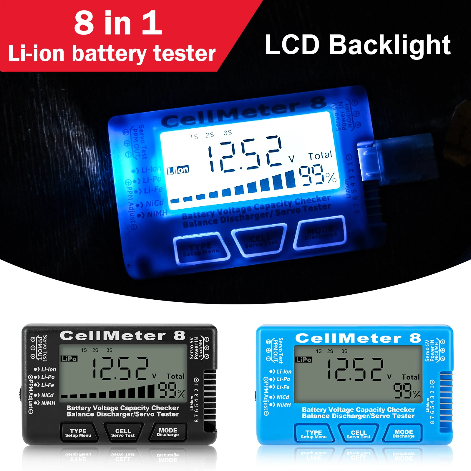 Testeur de capacité batterie RC CellMeter 8 mesure la tension des packs LiPo, Li-ion, LiFe et NiMH