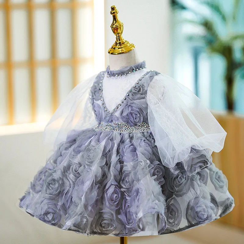 

One year old Baby Girl dress Floral Crystal lolita princess dress one year grab week birthday dress 2023 High-end Kids Dresses