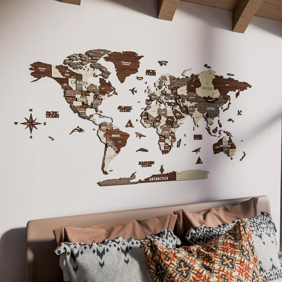 3D Wooden World Map Travel Wall Decor