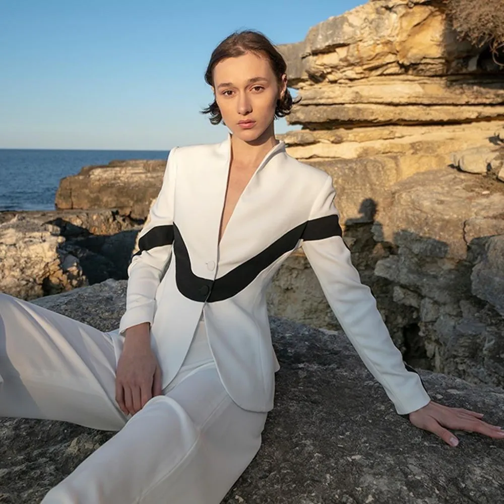 Black White Women Pants Suits Slim Fit Office Lady Party Prom Blazer