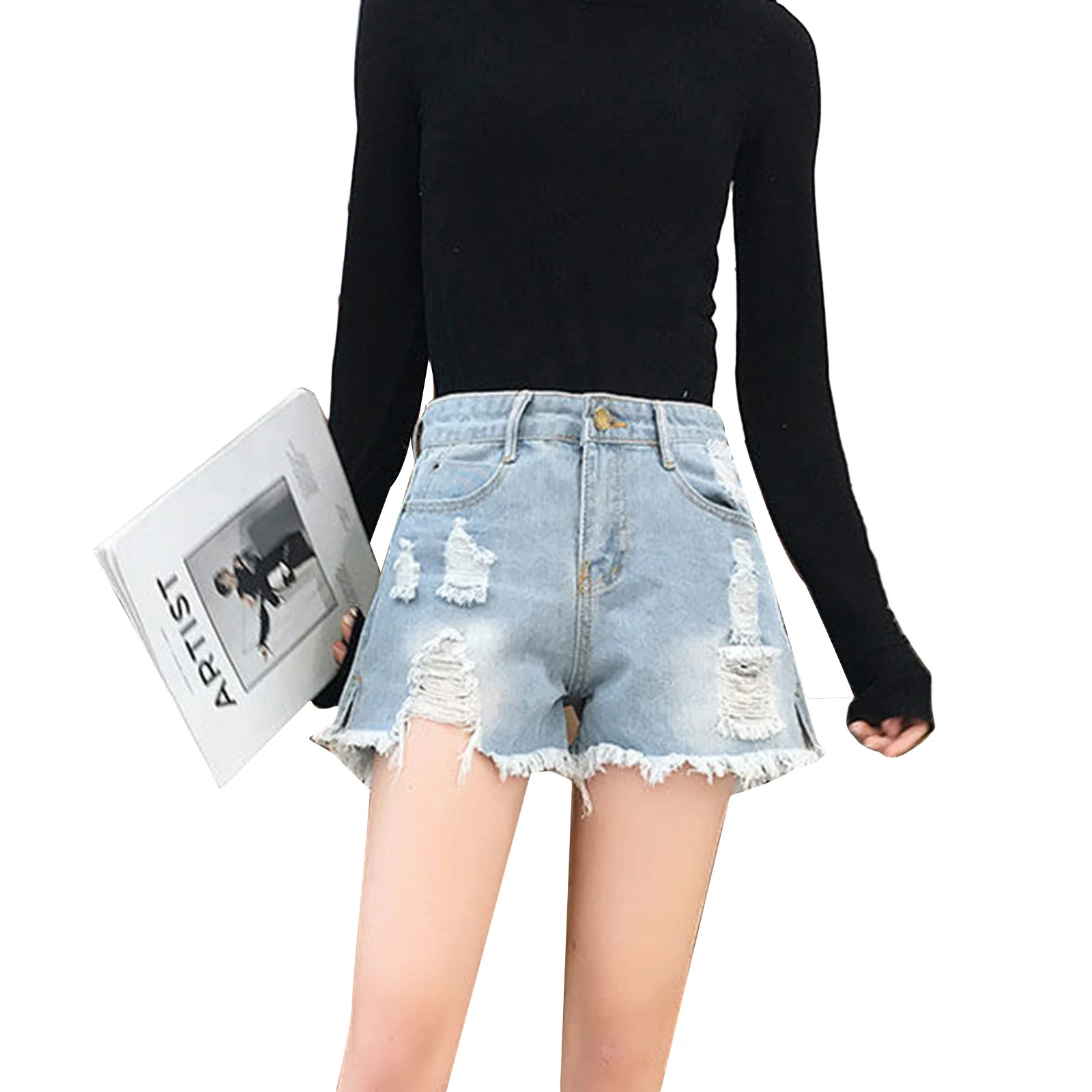 Women Ripped Denim Shorts Summer Fashion Girls High Waist Rough Selvedge Loose Jeans Female Casual Short Trousers Streetwear