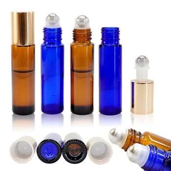 6/10/20/30/50pcs 10ml Blue Amber Fragrance Essential Oil Rollerball Glass Bottle Empty Perfume Roll on Bottles with Gold Cap 1