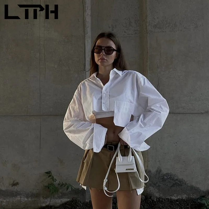 

LTPH cropped shirts women personality trend pocket shirt single breasted long sleeve tops casual streetwear 2023 summer new