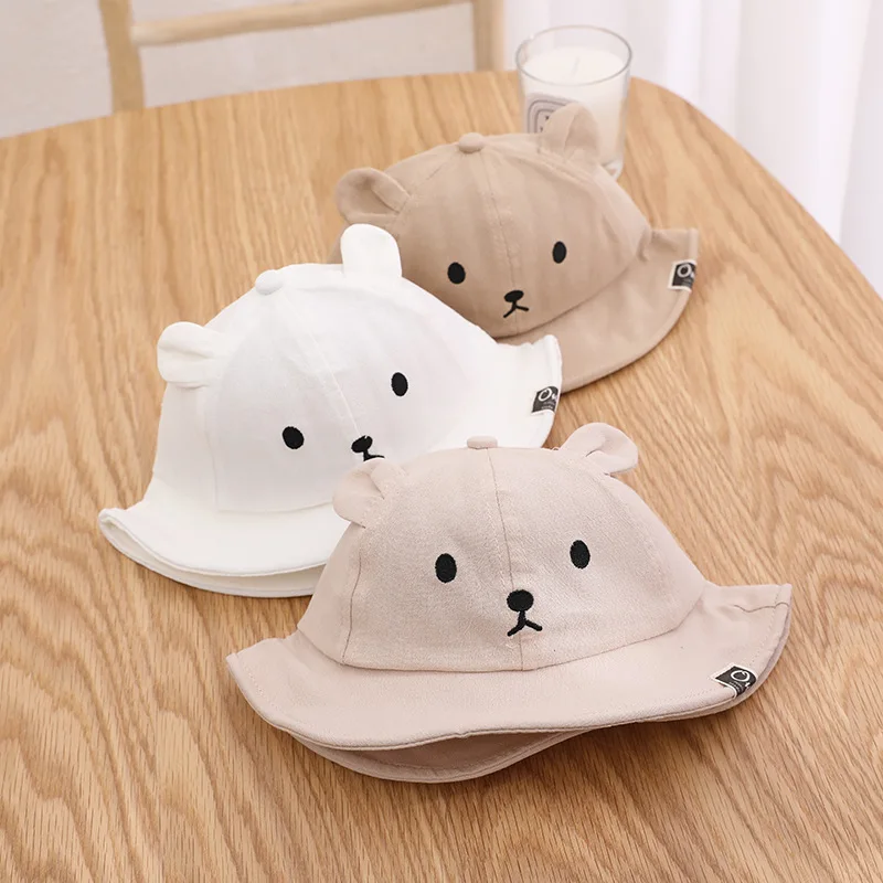 Cute Bear Embroidery Baby Bucket Hat baby hat kids sun hat kids bucket hat With Ear Spring Summer Outdoor Casual Kids Sun Hat Soft Cotton Cartoon Infant Fisherman Cap