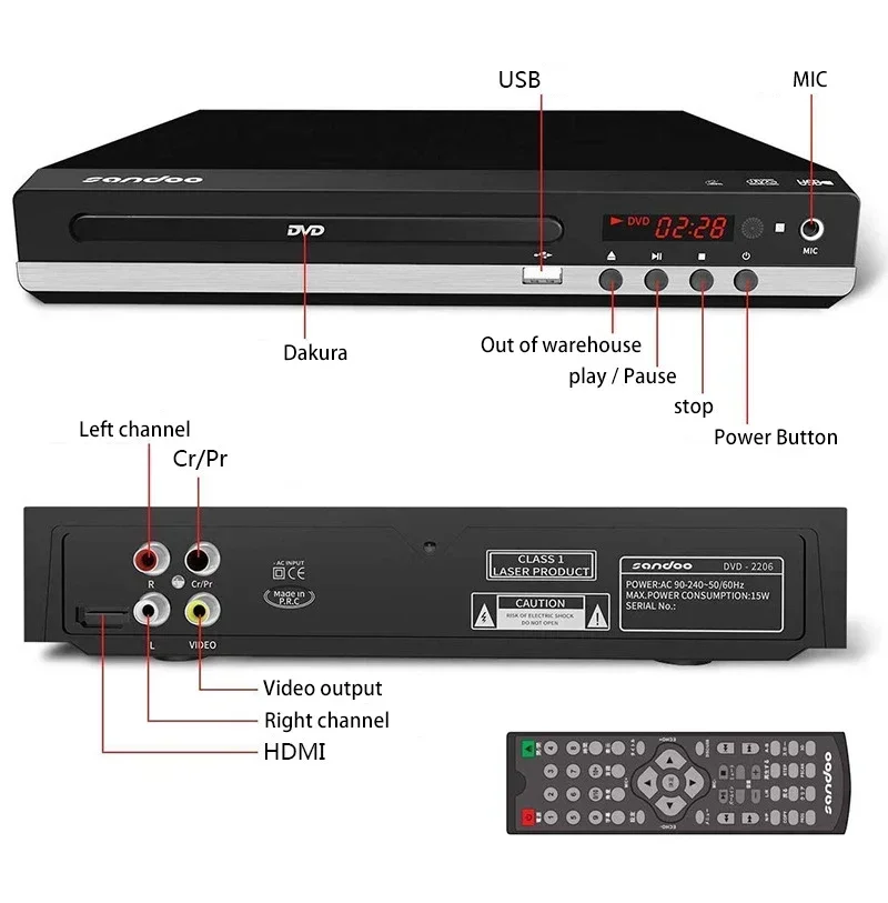 Home DVD Player VCD CD Disc Media Player Machine with AV Output Remote USB Mic Full HD 1080P Home DVD Box Multimedia