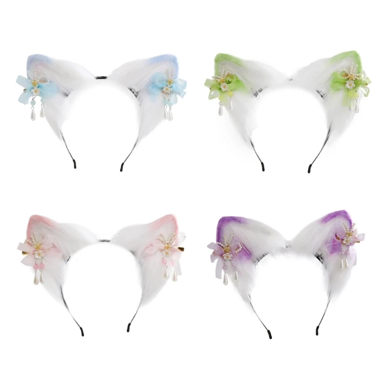 

Cute Cat Ear Cosplay Hair Hoop with Flower Hairpin Woman Teens Headband for Live Broadcast Cartoon Carnivals Hairband