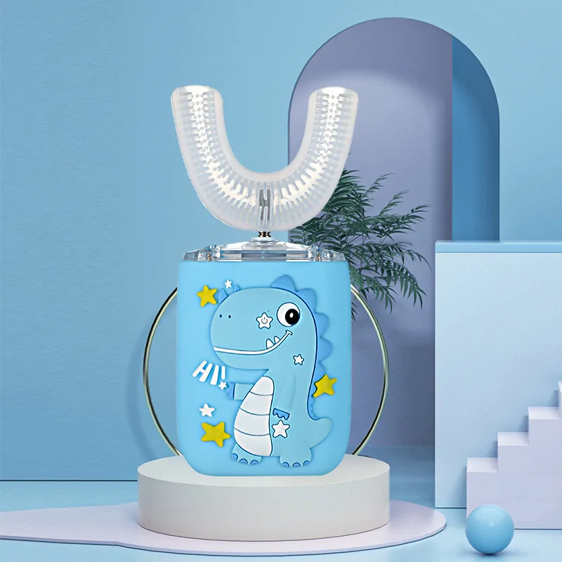 thumbnail image 1 of Cepillo de dientes eléctrico sónico en forma de U recargable para niños, blanqueador dental de 360 grados, cepillos de dientes de silicona con luz azul, 1 of 5