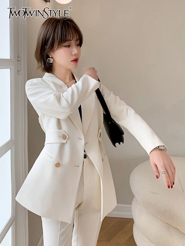

TWOTWINSTYLE Casual Solid Blazer For Women Notched Long Sleeve Double Breasted Loose Straight Coats Female Spring Fashion Style