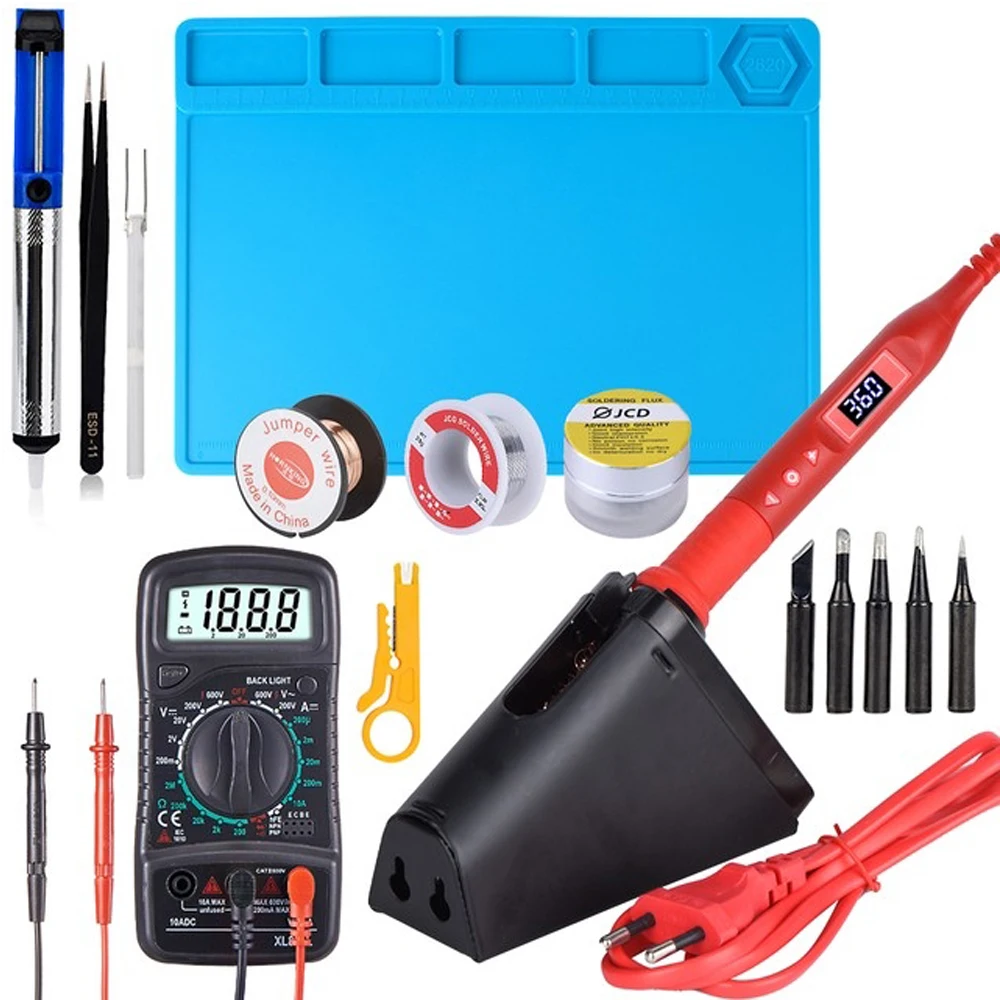 JCD 80W Soldering Iron Adjustable Temperature Multi-function Button 110V/220V Soldering Kit Digital Multimeter LCD Display 908U