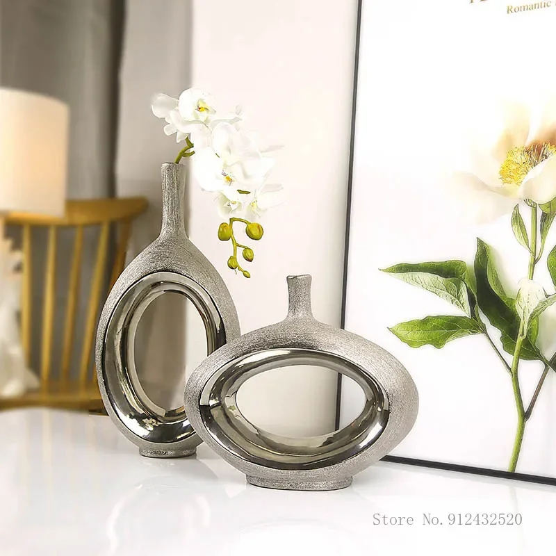 European-style Electroplating Silver Ceramic Oval Vase, Home Bedroom Living Room Wedding Hotel Flower Shop Decoration Vases, 1Pc