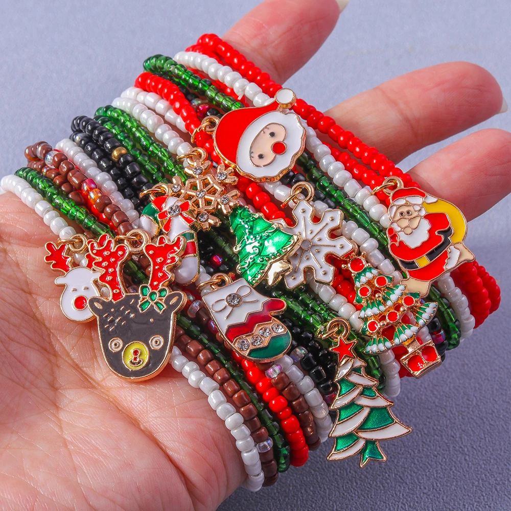 Aihua Neue 10 teile/los Weihnachten Armbänder für Frauen Mädchen Santa Claus Deer Glocke Weihnachten Baum Armband Charme Armreif Schmuck Geschenke