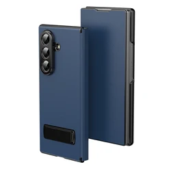 Premium PU Leather Magnetic Flip Book Phone Case with Metal Kickstand Holder - Galaxy Z Fold4 (Blue)