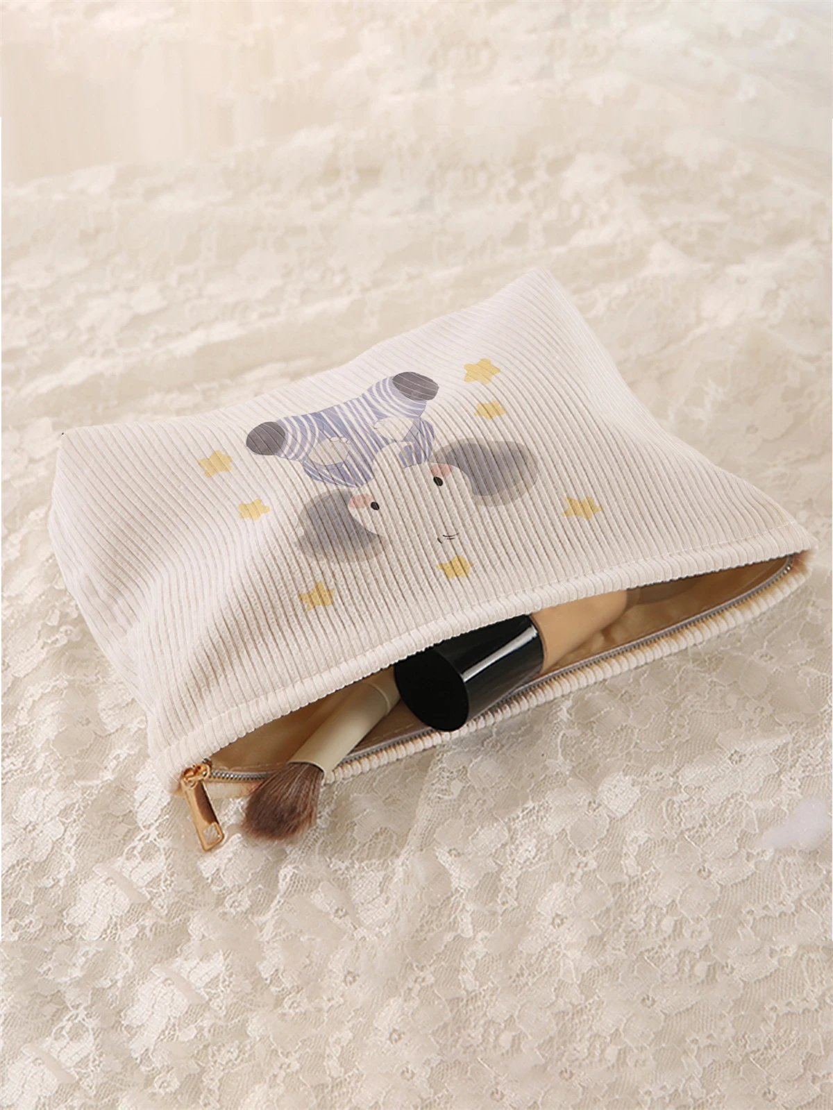 1pc elephant pattern printed corduroy makeup bag, lightweight zipper makeup storage box, multifunctional bag with lining