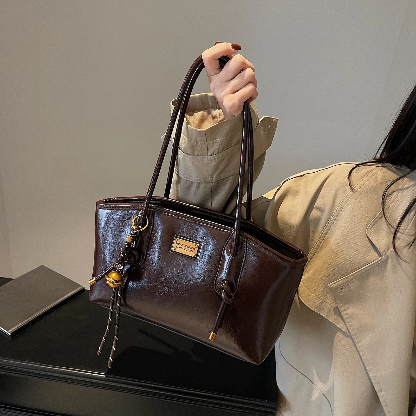 PU Leather Shoulder Bag Versatile Underarm Bag with Pendant Commuter Bag for Women Work Shopping Travel