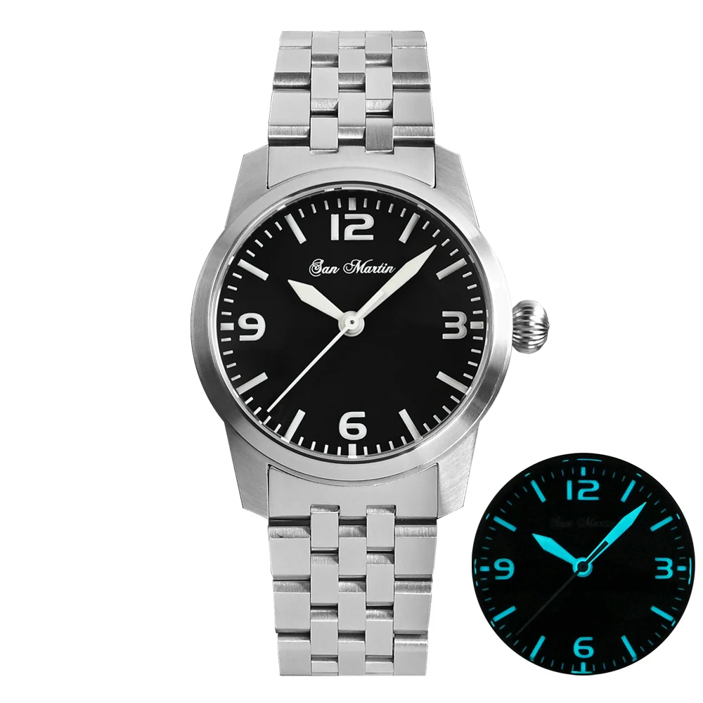 San Martin 38Mm Vintage Pilot Military Men Orologi Yn55 Bracciale Meccanico Automatico In Acciaio Inossidabile 10Bar Impermeabile Luminoso
