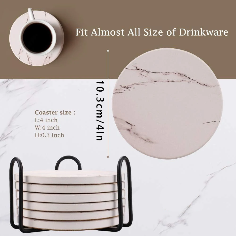 6 Pcs Ceramic Coasters Marble Style with Holder Absorbent Drink Coaster for Kinds of Cups Bar Kitchen Wooden Dining Table Decor