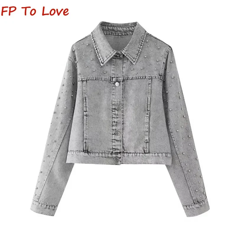 

Short Lapel Single Breasted Grey Top PB&ZA Woman Faux Pearl Embellished Denim Jacket Coat 5862065